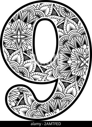 numéro 9 avec ornements abstraits de fleurs en noir et blanc. design inspiré du style d'art mandala pour colorier. Isolé sur fond blanc Illustration de Vecteur