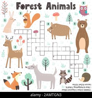 Jeu de mots croisés pour les enfants avec des animaux de forêt mignons Illustration de Vecteur