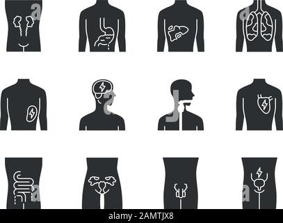 Jeu d'icônes de glyphes d'organes humains malades. Cœur et poumons douloureux. Mal à la gorge et à la vessie. Foie et intestins malsains. Parties internes du corps malades. S Illustration de Vecteur