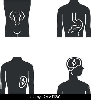 Jeu d'icônes de glyphes d'organes humains malades. Reins douloureux et rate. Estomac douloureux. Cerveau malsain. Parties internes du corps malades. Symboles silhouette. isola vectoriel Illustration de Vecteur