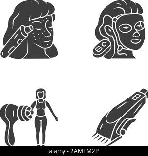 Ensemble d'icônes de glyphes des appareils de beauté. Décapant pour tête noire, masque facial de thérapie, masseur corporel et rasoir. Instruments de cosmologie. Soins de la peau. Silhoue Illustration de Vecteur