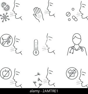 Jeu d'icônes linéaires allergies. Contact, nourriture, maladies respiratoires. Sources d'allergène. Diagnostic et médicaments. Symboles de contour de ligne mince. Vecteur isolé Illustration de Vecteur