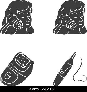 Ensemble d'icônes de glyphes des appareils de beauté. Masseur pour visage, brosse de nettoyage, épilateur et tondeuse nez. Instruments de cosmologie. Soins de la peau. Outils de beauté. Silho Illustration de Vecteur