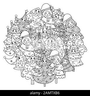 Page de coloriage en forme de cercle avec des arbres de Noël drôles Illustration de Vecteur