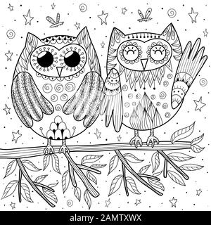 Couple de chouettes drôle assis sur la page de coloriage de branche Illustration de Vecteur