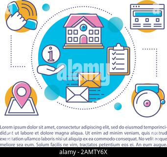 Modèle vectoriel de page d'article du système éducatif. Admission au collège. Brochure, magazine, élément de conception de livret avec icônes linéaires et zones de texte. Imprimer d Illustration de Vecteur