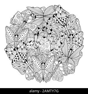 Page de coloriage en forme de cercle des papillons. Page de coloriage Illustration de Vecteur