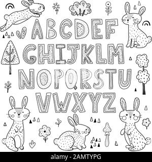Alphabet noir et blanc avec de jolis lapins Illustration de Vecteur