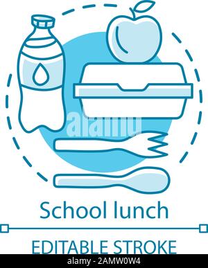 Déjeuner scolaire, icône concept cantine. L'idée de publicité de nutrition d'étudiant l'illustration de ligne mince. Bouteille de lait, conteneur alimentaire, pommes et couverts en plastique Illustration de Vecteur