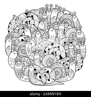 Drôle de escargots cercle forme coloriage page pour adultes et enfants Illustration de Vecteur