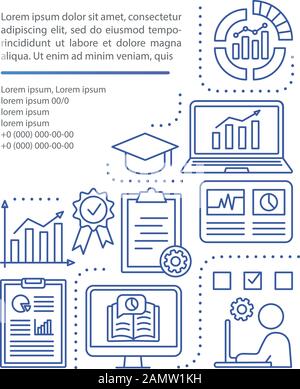 Modèle vectoriel de page d'article de cours Statistiques. Outils de mesure, classes d'analyse de données. Élément de conception de brochure avec icônes linéaires et zones de texte. Prin Illustration de Vecteur