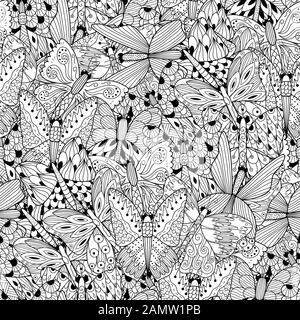 Motif noir et blanc sans coutures avec papillons doodle Illustration de Vecteur