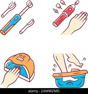 Ensemble d'icônes de couleur des appareils de beauté. Masseur électrique pour brosse à dents et bain bouillonnant pour les pieds. Manucure électrique et séchoir à ongles. Gadgets de beauté. Foret pour limes à ongles. Gel Illustration de Vecteur
