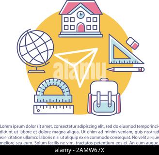 Modèle vectoriel de page d'article d'éducation scolaire. Acquérir des connaissances. Brochure, magazine, élément de conception de livret avec icônes linéaires et zones de texte. Imprimer Illustration de Vecteur