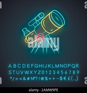 Icône de lumière au néon télescope. Lune, exploration des planètes. Spyglass sur trépied. Astronomie, astrophysique, astrologie. Signe lumineux avec alphabet, chiffres et Illustration de Vecteur