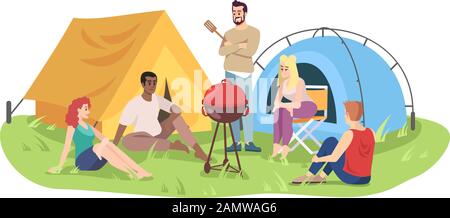 Étudiants camping voyage plat illustration vectorielle. Heureux hommes et femmes personnages de dessin animé. Jeunes pique-nique, amis sur barbecue. Été plein air RE Illustration de Vecteur