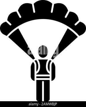 Icône de glyphe du parachutisme. Inventaire des jeux vidéo virtuels. Parachutisme, parachutisme. Joueur de jeu, guerrier, soldat avec parachute. Symbole silhouette. Illustration de Vecteur