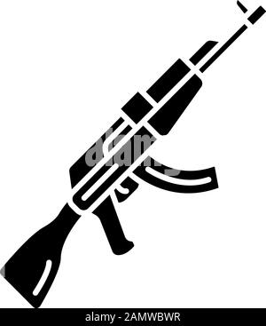 Icône glyphe d'arme AKM. Arme à feu de jeu vidéo virtuelle, pistolet. Fusil de jeu de tir. Cybersport, inventaire militaire des tireurs esport, équipement. Symbole silhouette Illustration de Vecteur