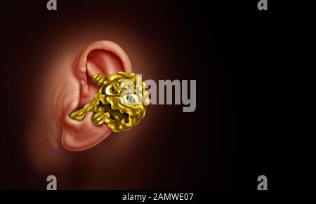 Le concept de cire d'oreille comme perte auditive due au blocage de cire d'oreille dans l'anatomie intérieure comme une substance cireuse dégoûtante avec des éléments d'illustration tridimensionnelle. Banque D'Images
