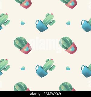 Motif aquarelle sans coutures avec de jolies plantes de cactus dans des pots de fleurs Banque D'Images