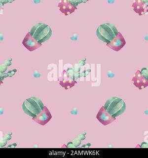 Motif aquarelle sans coutures avec de jolies plantes de cactus dans des pots de fleurs Banque D'Images