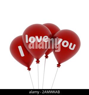 Quatre ballons rouge brillant avec les mots je t'aime sur un fond blanc, 3D Rendering Banque D'Images