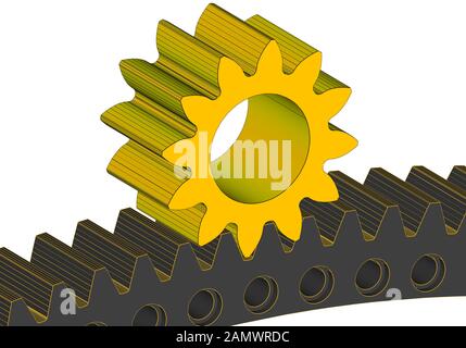 Engrenage et roue dentée en 3D solide fond blanc Banque D'Images
