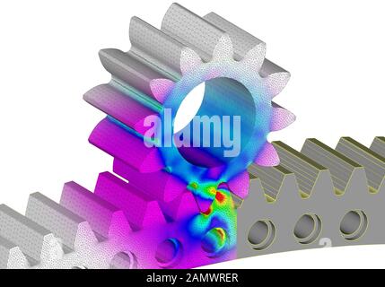 Engrenage et roue dentée solide 3D Éléments finis souligne à fond blanc Banque D'Images