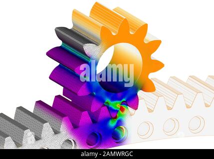 Engrenage et roue dentée solide 3D Éléments finis souligne à fond blanc Banque D'Images