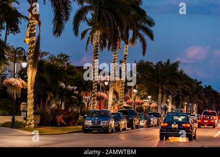 Naples, États-Unis - 29 avril 2018 : lumières de Noël illuminées sur des palmiers sur l'avenue de la rue dans le centre-ville de la plage de Floride pendant la veille de nuit Banque D'Images