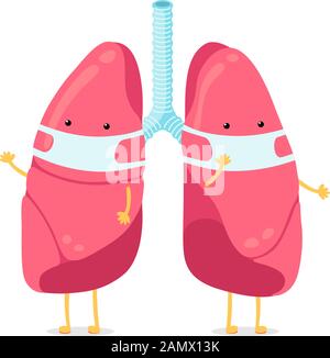 Mignon dessin animé poumons caractère avec masque d'hygiène respiratoire sur le visage. Mascotte d'organe interne pulmonaire du système respiratoire humain. Anatomie médicale saine protection de l'air pollution vecteur illusrtation Illustration de Vecteur