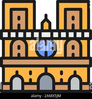 Cathédrale notre Dame, site touristique de Paris, icône de ligne de couleur plate en France. Illustration de Vecteur