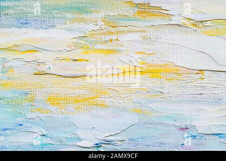 Des touches de peinture à l'huile artistique sur la toile. Peinture à la main. Blanc, bleu, couleur jaune d'un fragment d'art moderne. Coups de peinture. Banque D'Images