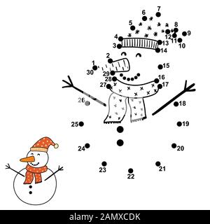 Connectez les points et dessinez un bonhomme de neige drôle Illustration de Vecteur