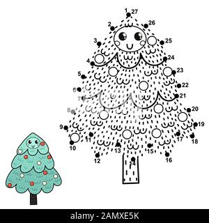 Connectez les points et dessinez un drôle d'arbre de Noël Illustration de Vecteur