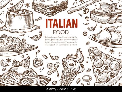 Pâtes et pizzas, plats de cuisine italienne, menu du restaurant italien Illustration de Vecteur