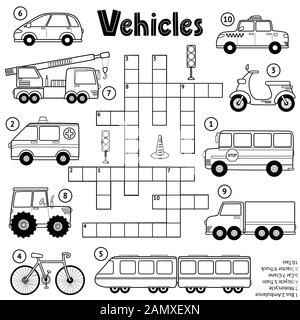 Jeu de puzzle noir et blanc en forme de mots croisés pour les enfants sur le transport Illustration de Vecteur