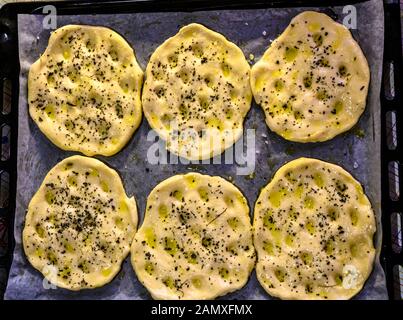 Focaccia italienne pain salé, blanc Banque D'Images