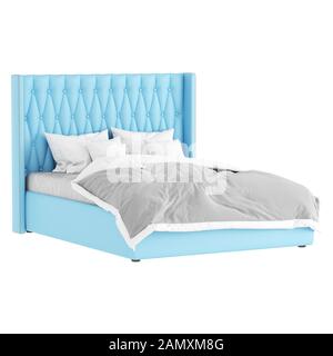 Grande chambre double lit bleu avec une haute tête de lit avec une couverture et 6 oreillers sur fond blanc. Le rendu 3D Banque D'Images