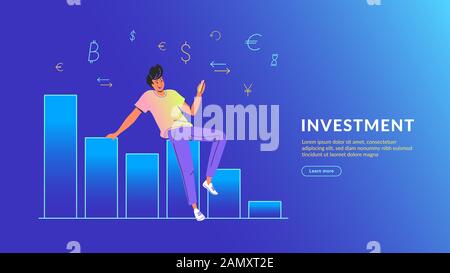 Jeune homme utilisant l'application mobile pour la banque en ligne et l'investissement. Concept moderne illustration vectorielle d'un gars souriant assis sur un graphique en chute libre et utilisant smar Illustration de Vecteur