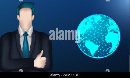 homme d'affaires et monde entier. Concept d'entreprise. Illustration vectorielle sur fond bleu foncé Illustration de Vecteur