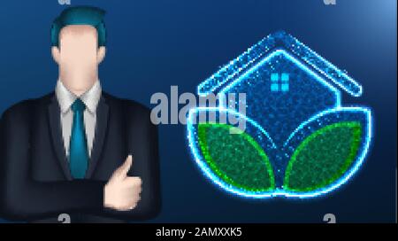 Homme d'affaires, et Eco House . Concept d'entreprise. Illustration vectorielle sur fond bleu foncé Illustration de Vecteur