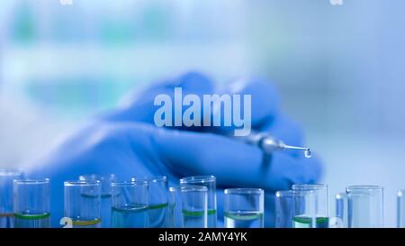 Recherches scientifiques en laboratoire, gouttes de liquide de seringue dans des tubes à essai Banque D'Images