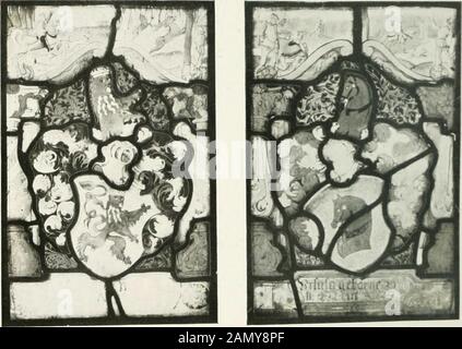 Schäbische Glasmalerei . 104 Meister von Meßkirch, 1532 — Schwäbisch, 1538 kreuz in Silber und als Schildhaltcr den hl. Georg mit Goldenem Heiligenschein. Erträgt eine reich mit Gold verzierte Maximiansrüstung und den üblichen vergoldeten Dolch.Die Rechte hält eine weiße Fahne mit rotem Kreuz, die Linke ruht auf dem Wappenschild.Unter des Heiligen Fügen liegt auf dem Raseen gelaffen und Geelerwerb. Die Architektur weist viele Renaissancemotive auf: Weiße Balustersäulchenmit goldener Blätterfassung auf violetten Basementen. Die kelchförmigen Kapitelle sindgelb und eb Banque D'Images