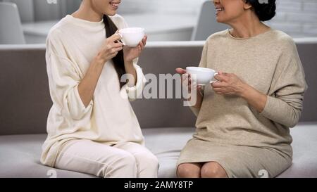 Les femmes boivent du thé et communiquent, la fille visitant la mère, la coziness à la maison Banque D'Images