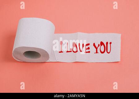 Le mot que je VOUS AIME écrit sur papier toilette. Concept de Saint-Valentin. Citation romantique pour la conception de cartes de vœux, invitations de vacances. Banque D'Images