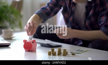 L'homme mettant de l'argent dans la banque piggy pour les vacances, compte les dépenses sur la calculatrice Banque D'Images