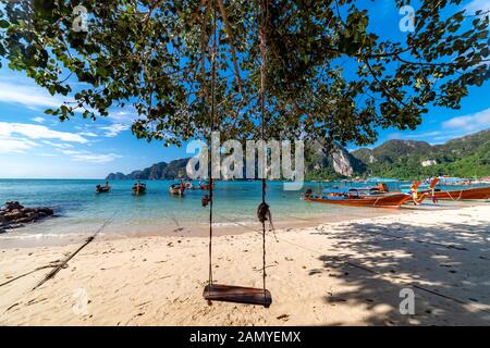 Swing pendre du cocotier sur la plage, île de Phi Phi, Thaïlande ; Banque D'Images