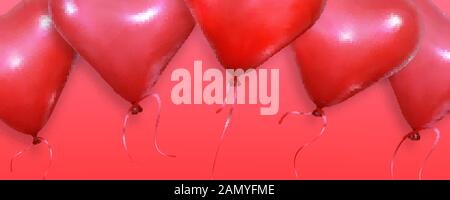 Contexte de la Saint Valentin. Ballons réalistes de coeur volant sur fond rouge. Bannière de Valentines Illustration de Vecteur