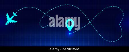 Double amour itinéraire d'avion dans l'espace. Voyage romantique simbol, coeur pointillé tracé de ligne. Simple chemin d'avion coeur, vol air pointillé amour valentine Illustration de Vecteur